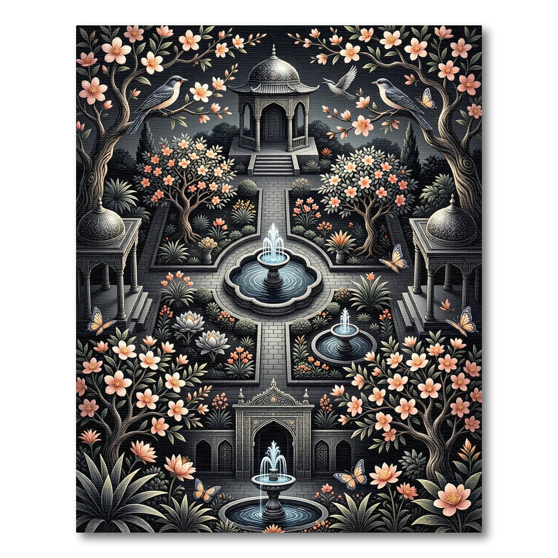 Midnight Floral Garden Butterfly Fountain Rug