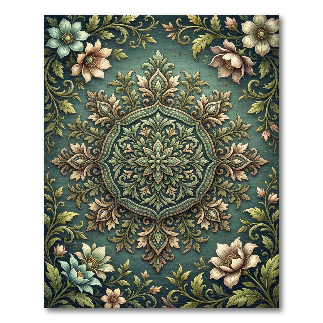 Elegant Sage Botanical Floral Medallion Rug