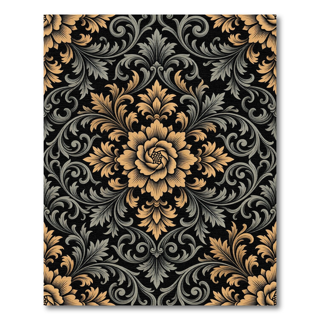 Gold and Slate Damask Floral Medallion Rug