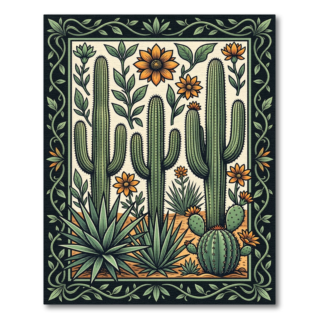 Southwestern Desert Cactus and Floral Art Rug