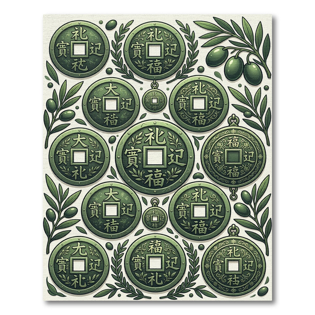 Olive Green Ancient Coin Botanical Arrangement Rug