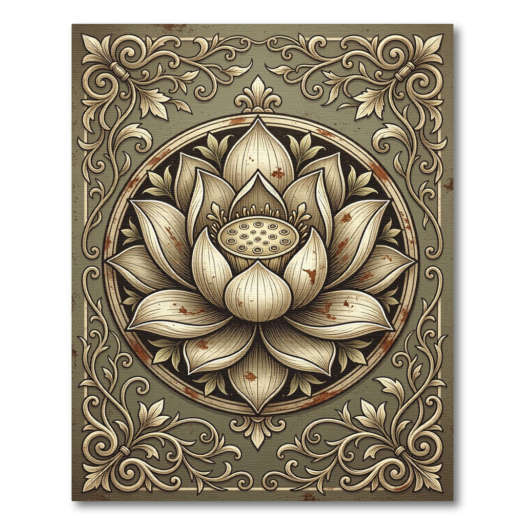 Elegant Golden Lotus Floral Medallion Rug