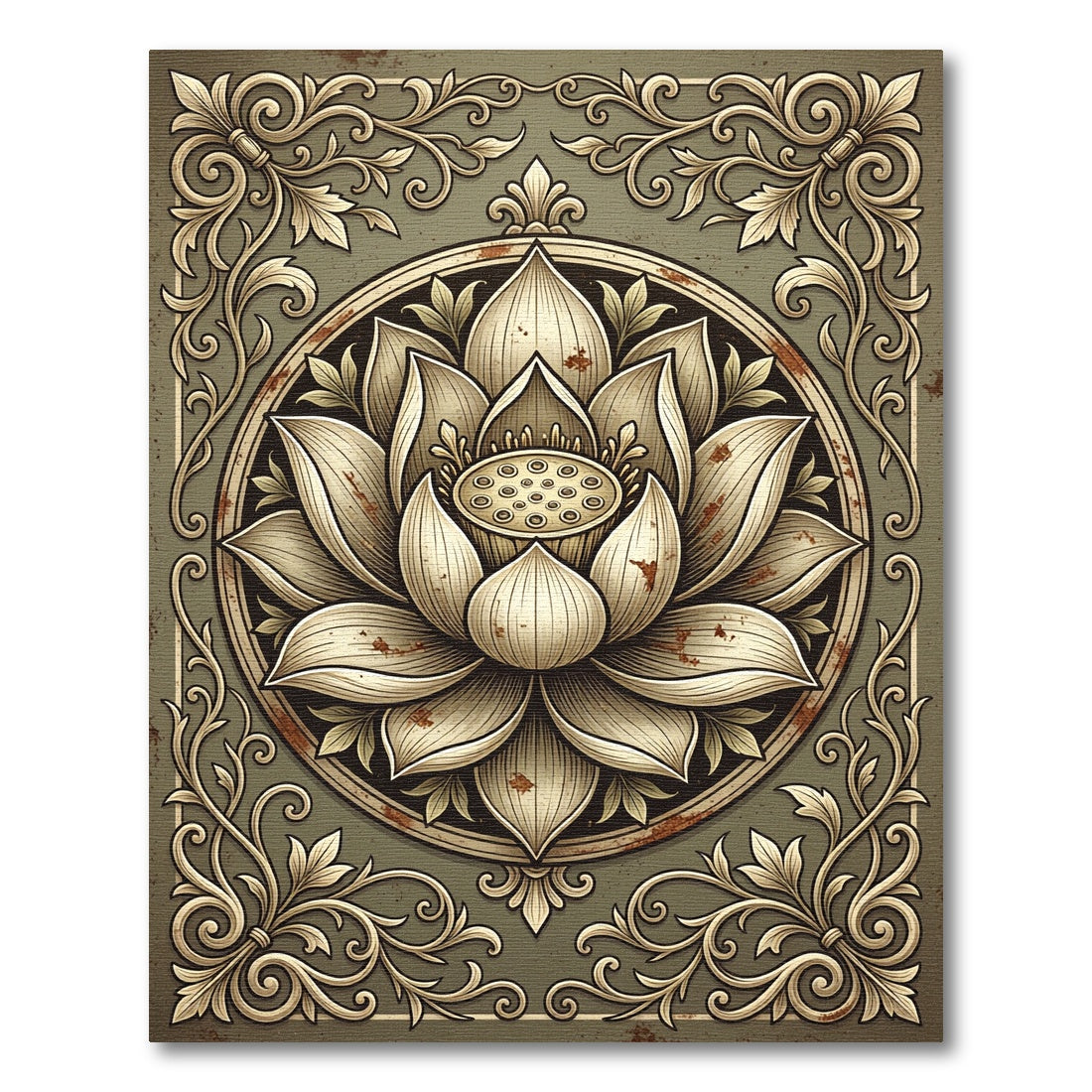 Elegant Golden Lotus Floral Medallion Rug