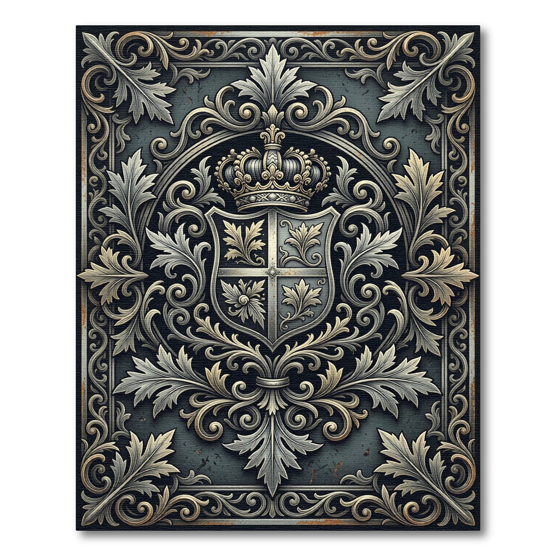 Ornate Silver Heraldic Crest Filigree Rug