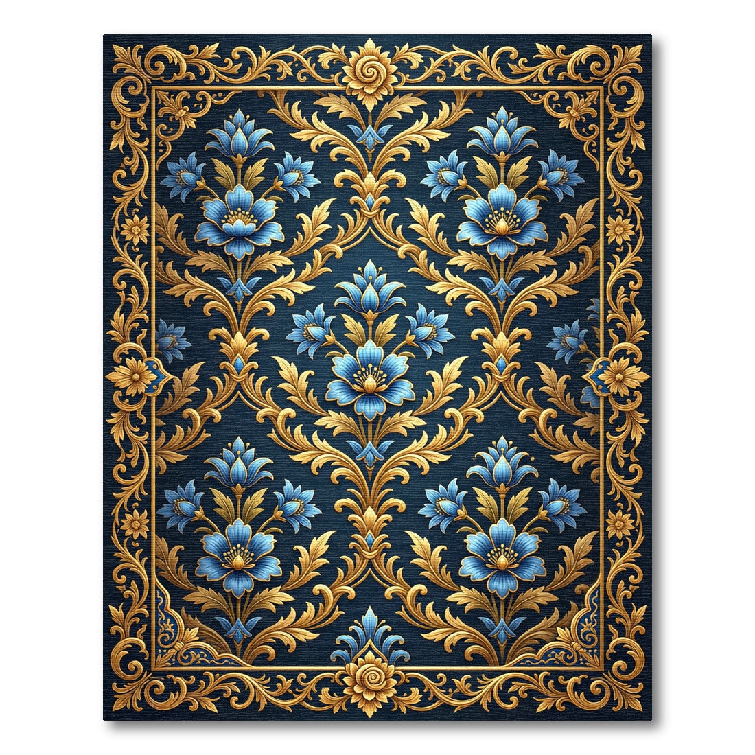 Ornate Navy Gold Floral Damask Rug