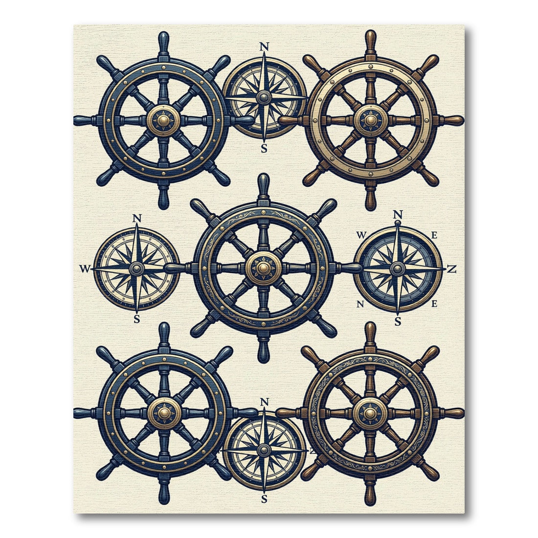Nautical Brass Compasses and Helm Wheels Rug