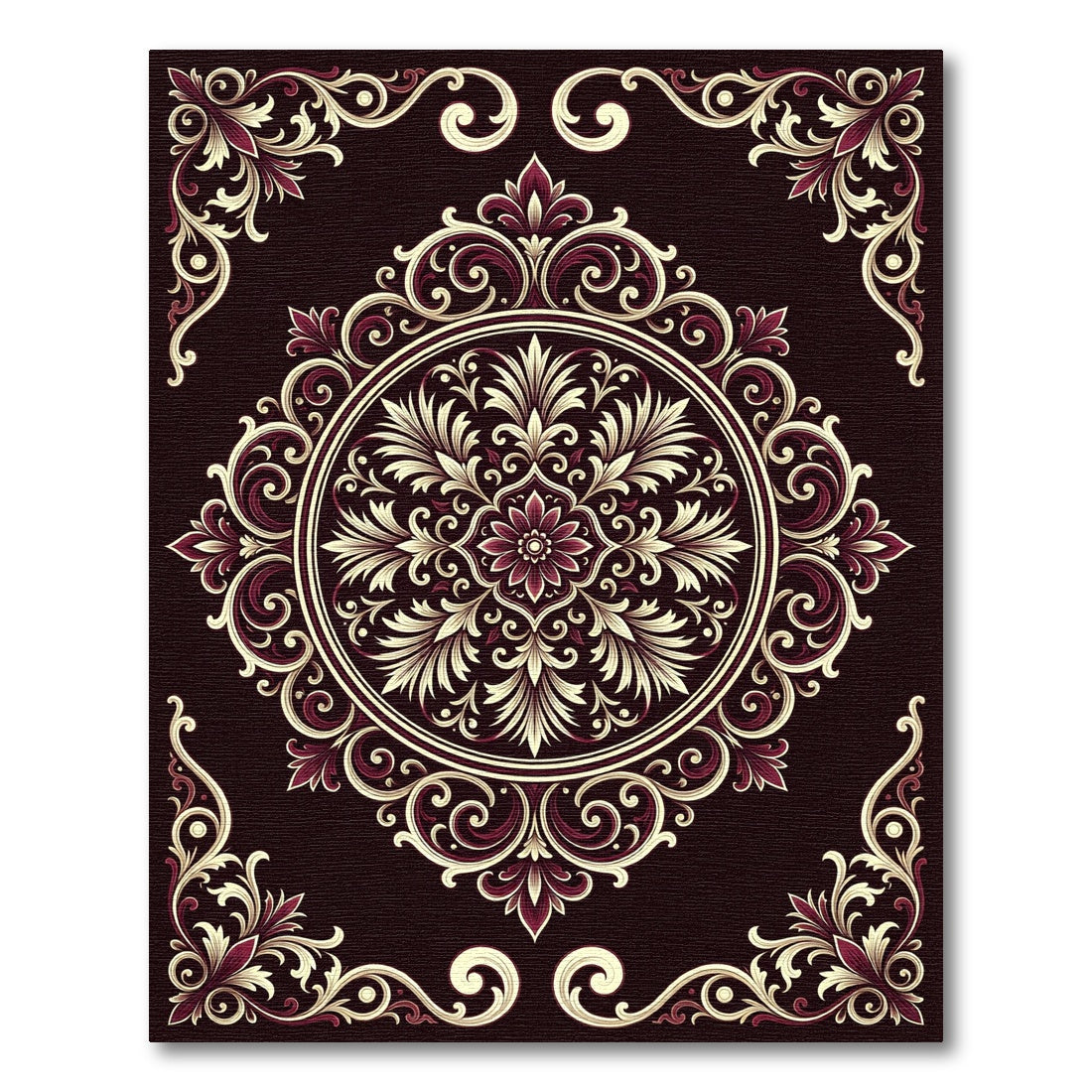 Vibrant Burgundy Floral Medallion Frame Rug
