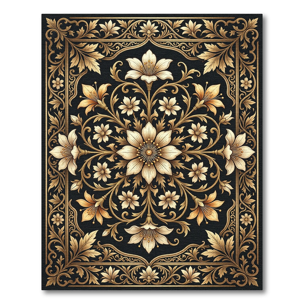 Golden Floral Scrollwork Medallion Rug