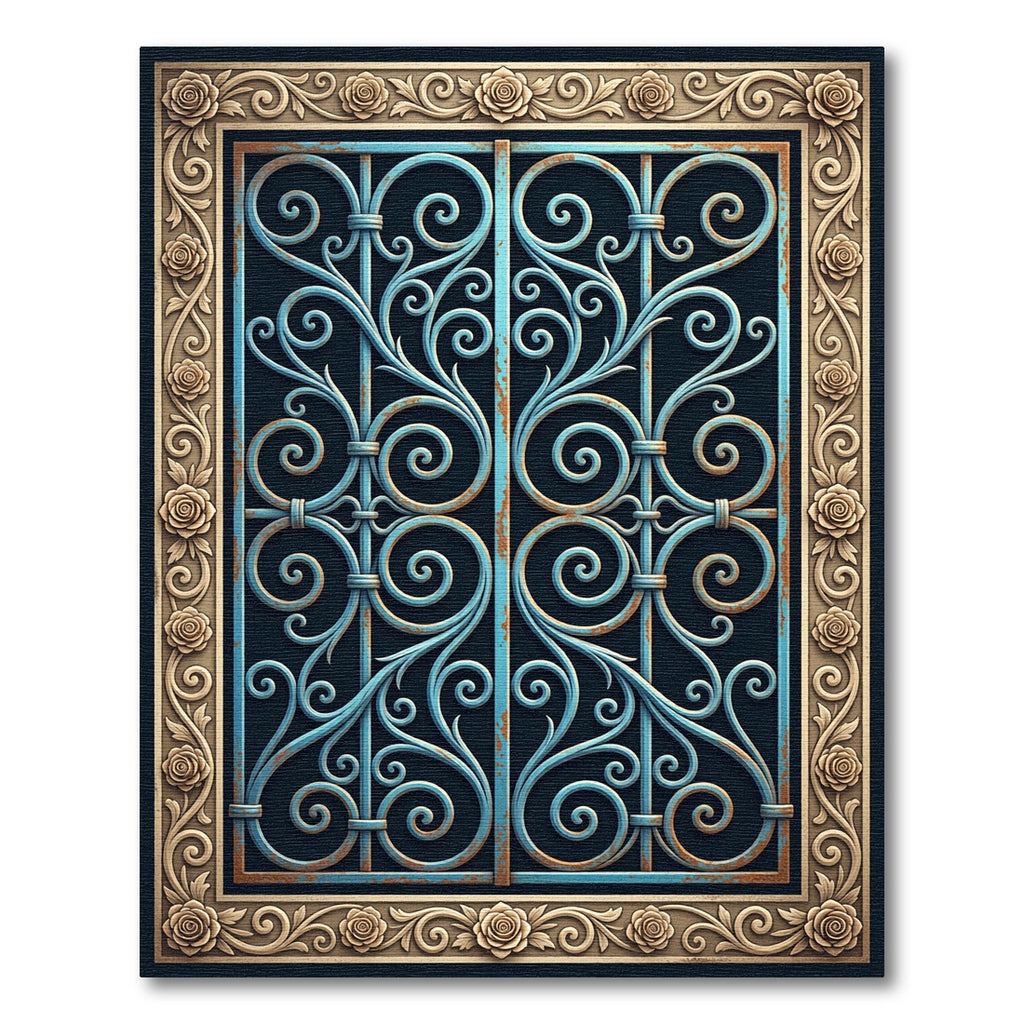 Ornate Blue Scrollwork with Golden Roses Rug