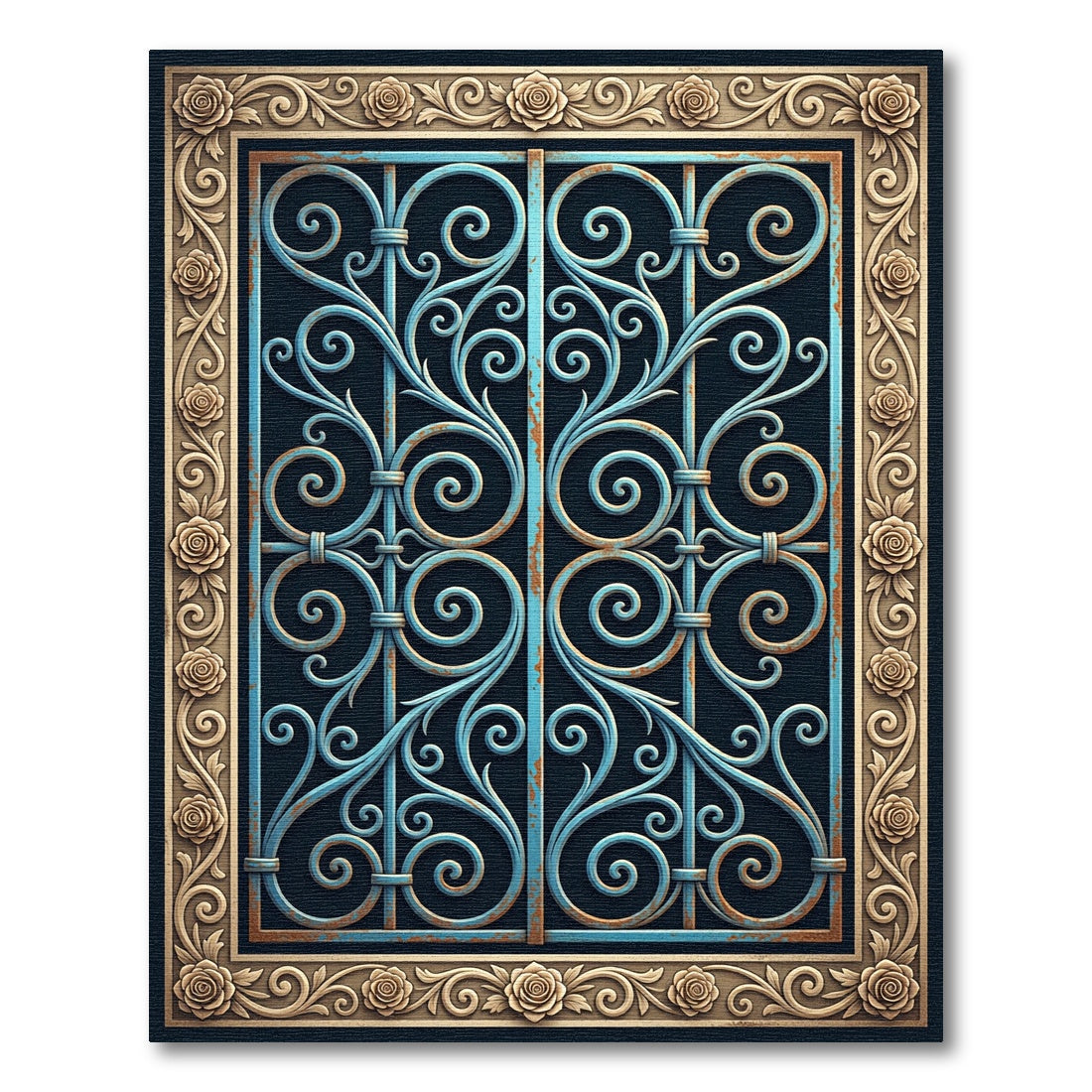 Ornate Blue Scrollwork with Golden Roses Rug