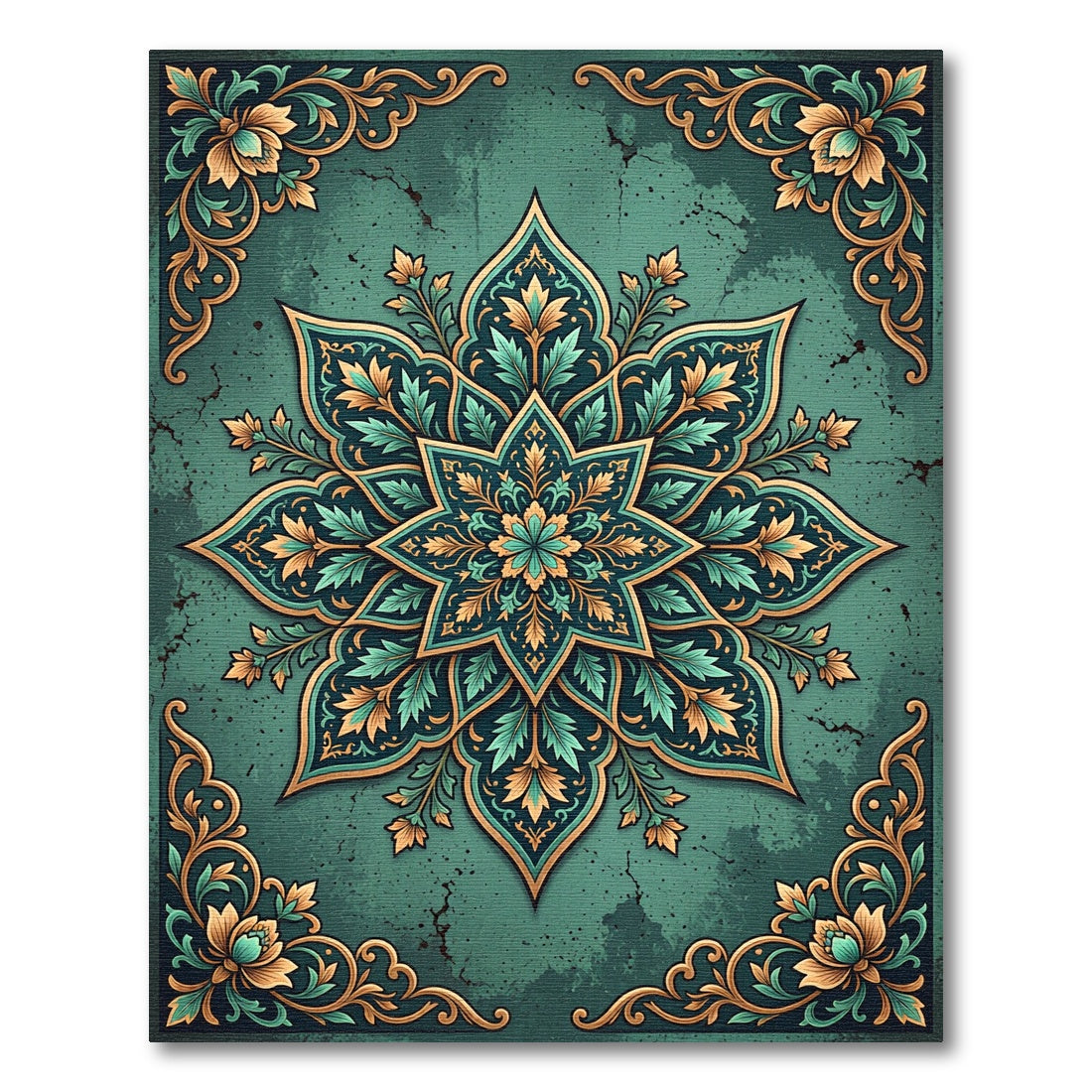 Elegant Teal Golden Floral Medallion Rug