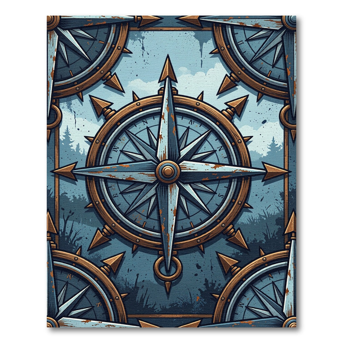 Rustic Weathered Blue Compass Nautical Art Rug