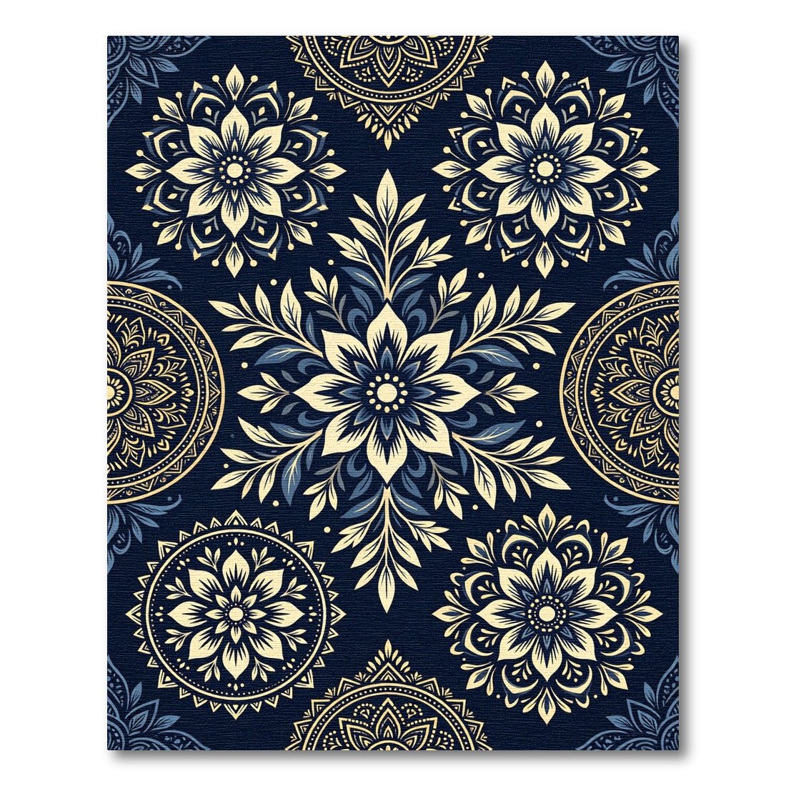 Midnight Navy Floral Gold Mandala Rug