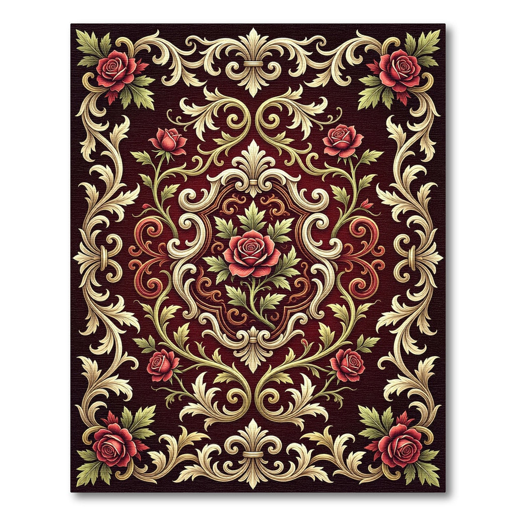 Regal Red Rose Acanthus Scroll Rug