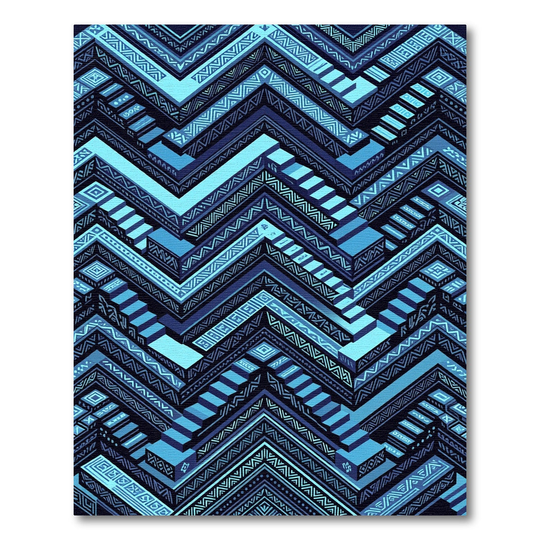 Geometric Blue Tribal Zigzag Staircase Rug