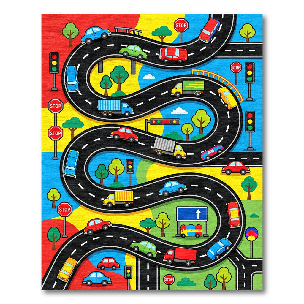 Vibrant Winding Road Traffic Cityscape Rug