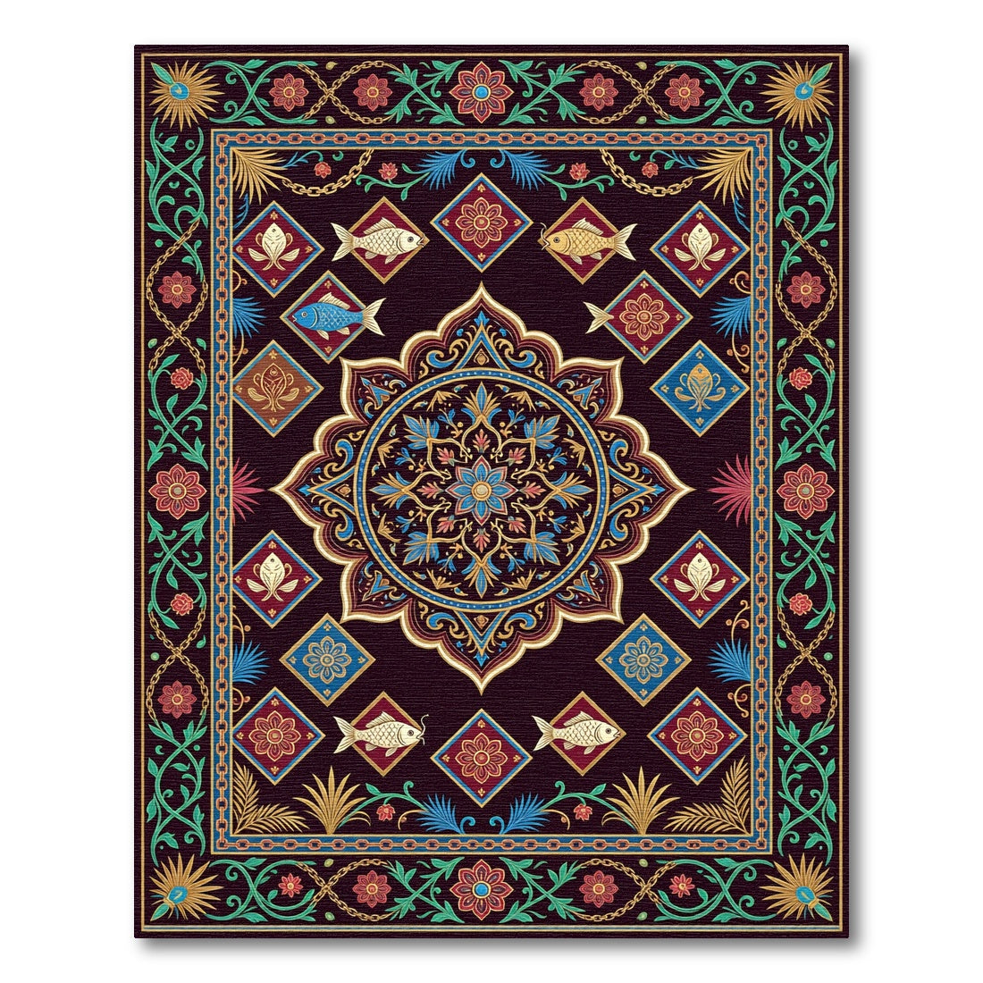 Ornate Deep Teal Koi Medallion Rug