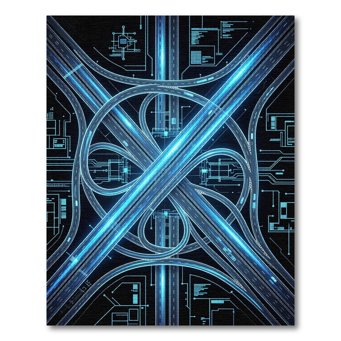 Cyber Neon Highway Interchange Schematic Rug