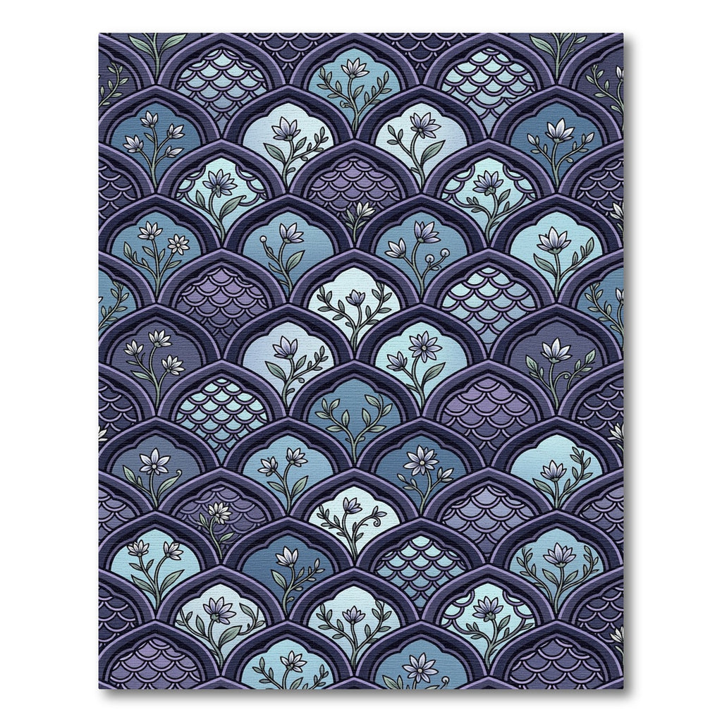 Indigo Floral Scalloped Arch Tile Rug