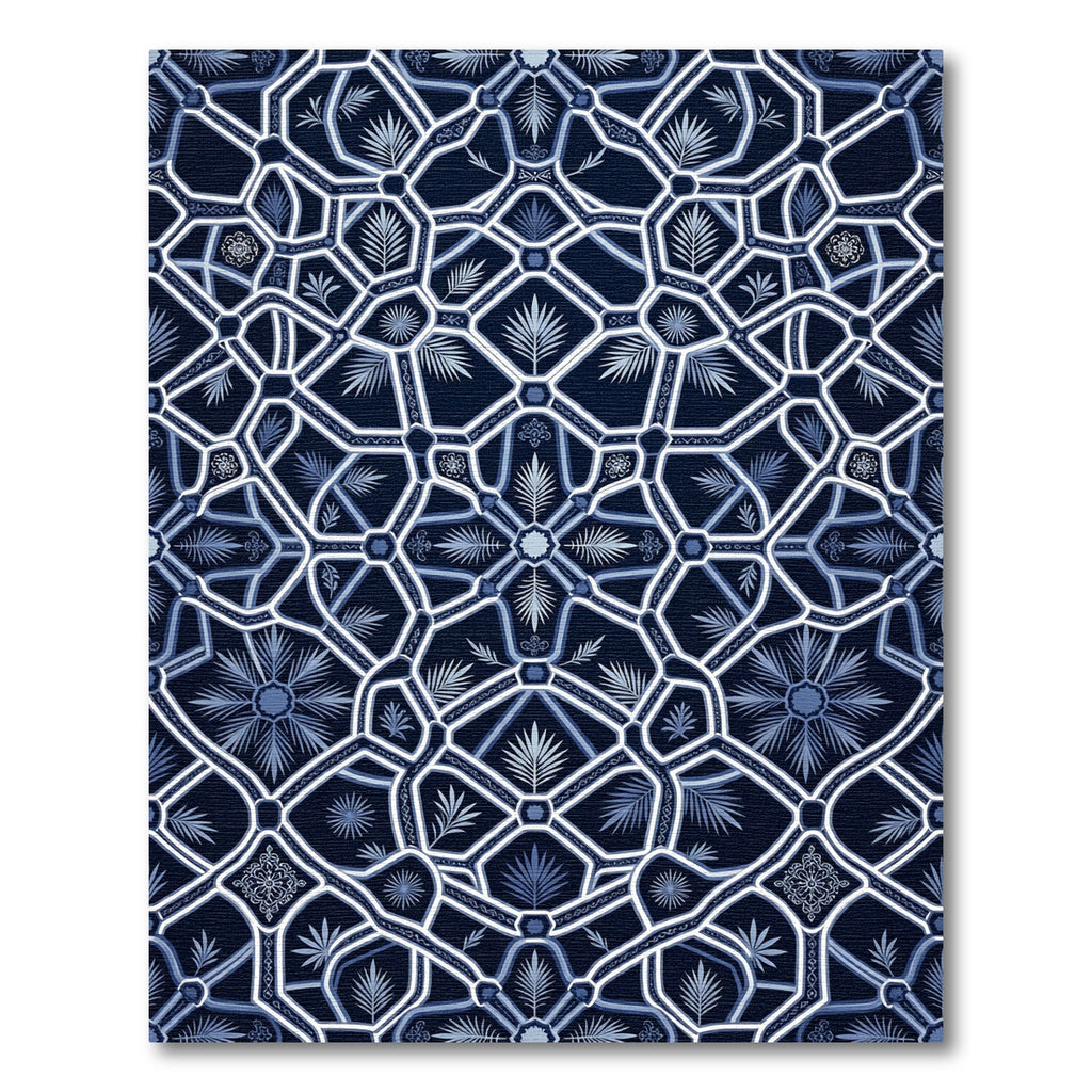 Deep Blue Geometric Fern Lattice Rug