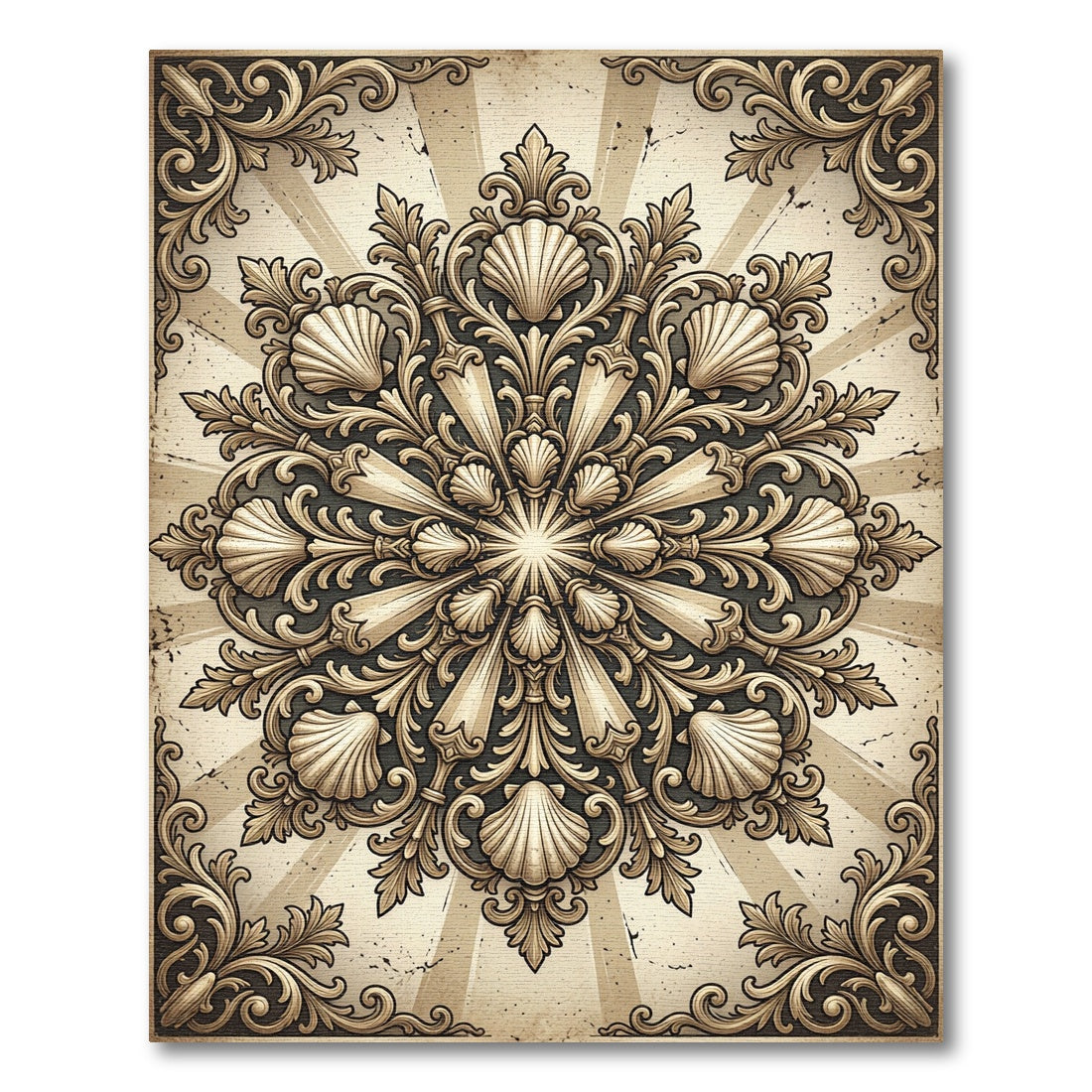 Elegant Antique Scalloped Shell Medallion Rug