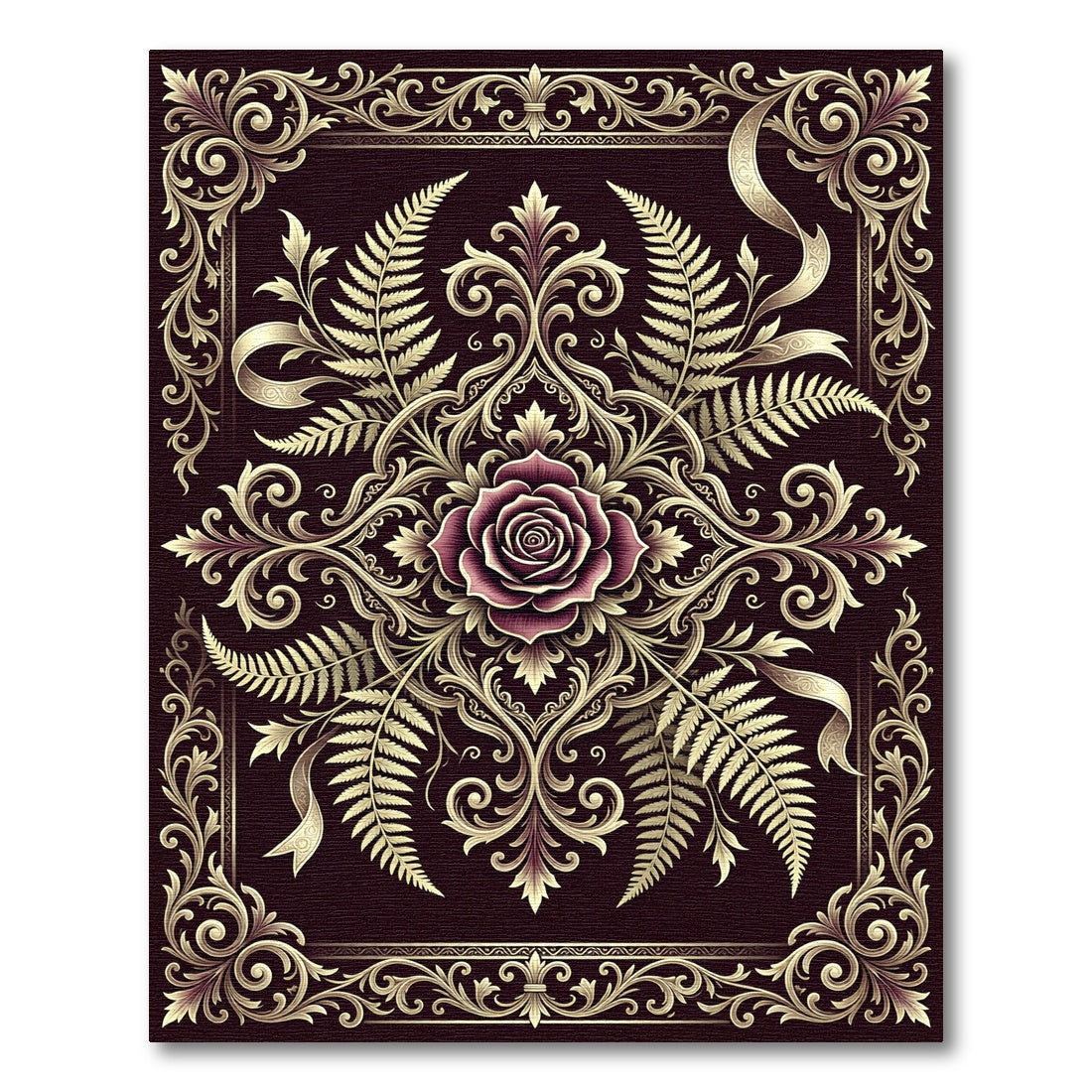 Elegant Burgundy Rose Gold Fern Medallion Rug