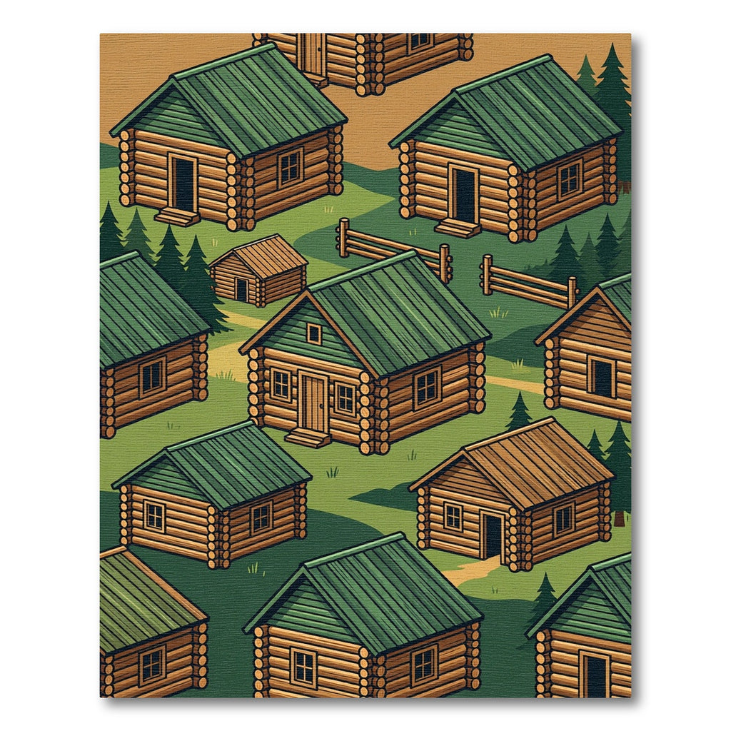 Isometric Green Forest Cabin Village Rug