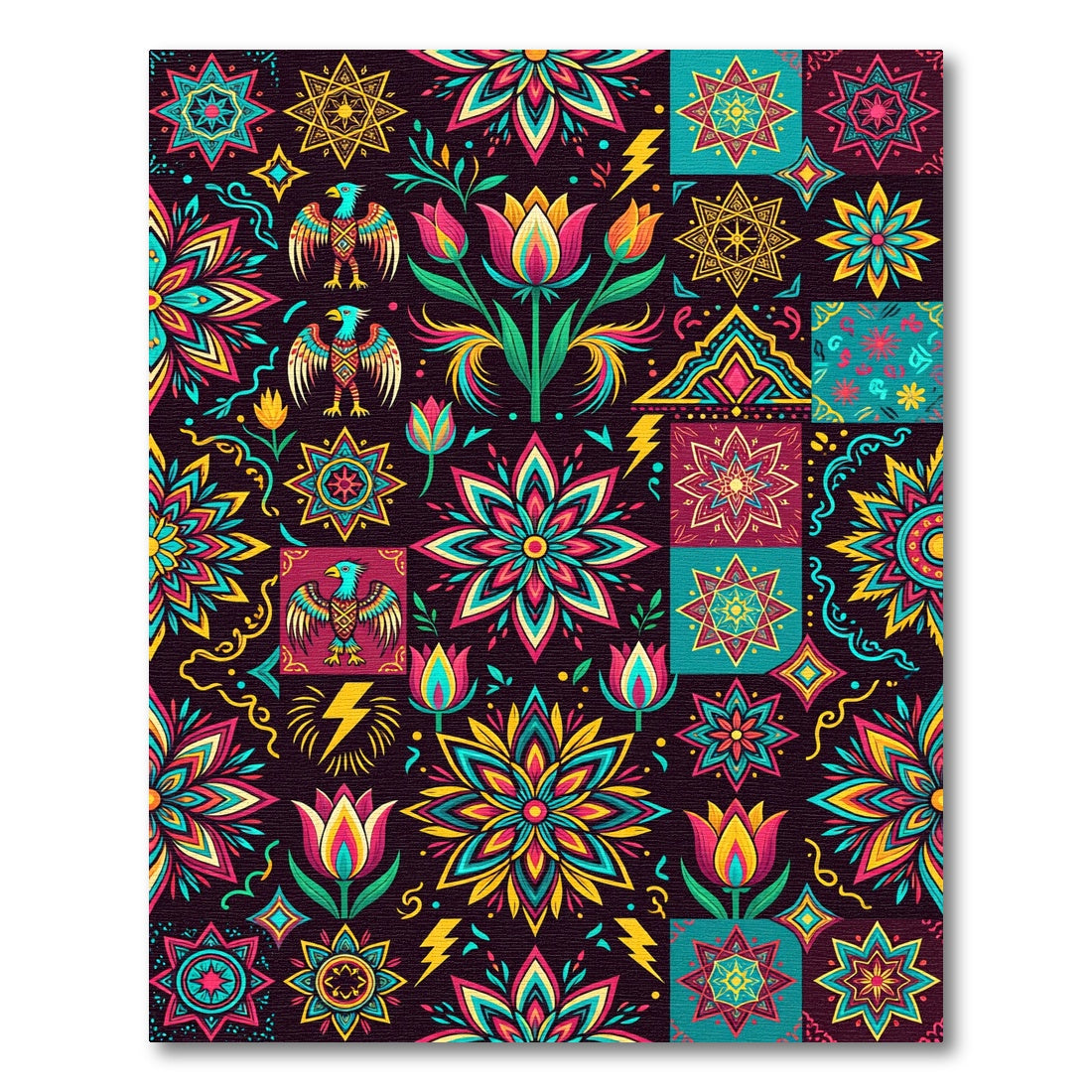 Vibrant Folk Art Floral Eagle Rug