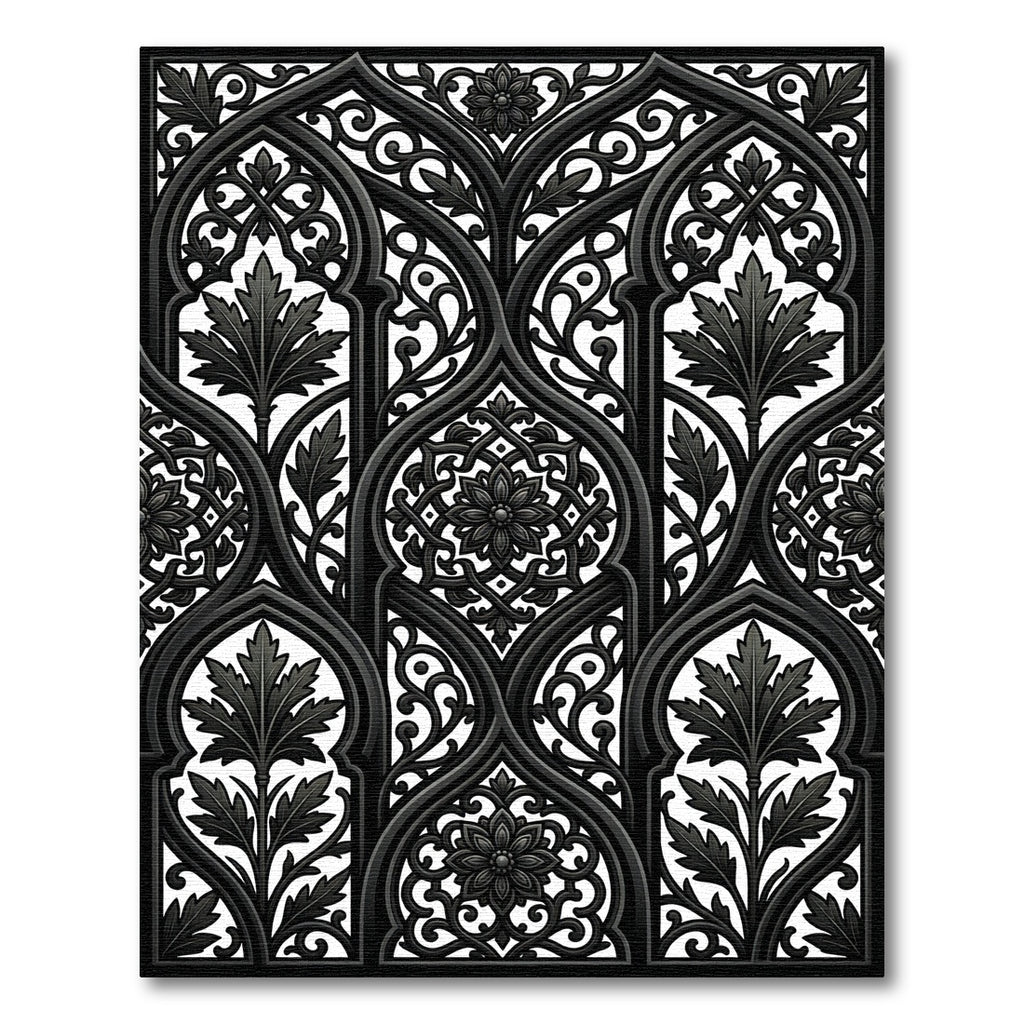 Ornate Charcoal Gothic Arch Filigree Rug