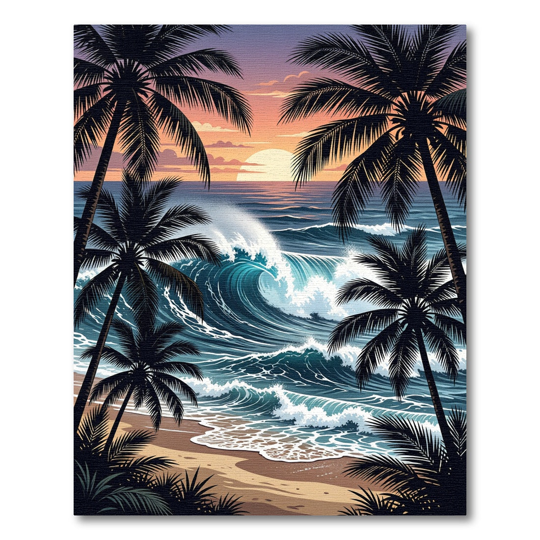 Tropical Sunset Palm Tree Ocean Wave Rug