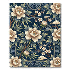Elegant Navy Floral Peony Bamboo Art Rug