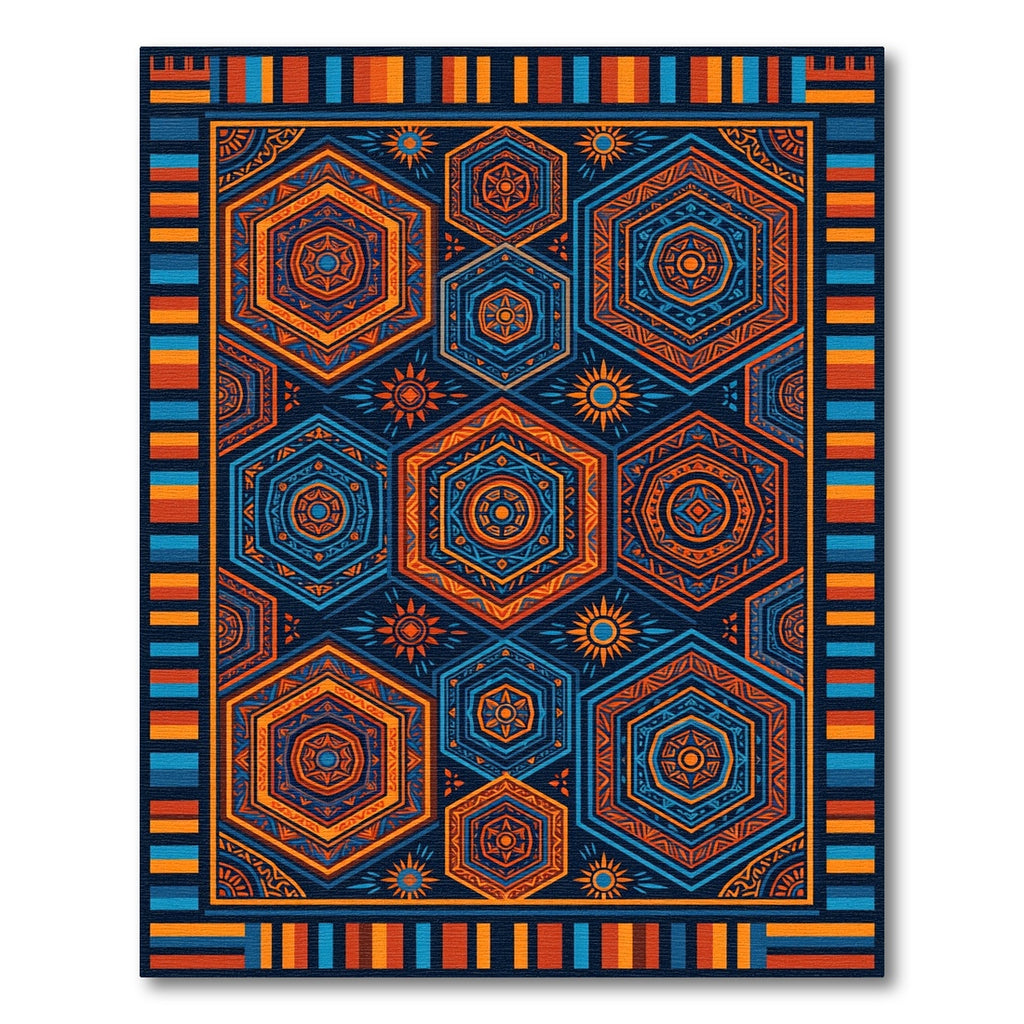 Vibrant Orange and Blue Hexagon Geometric Rug