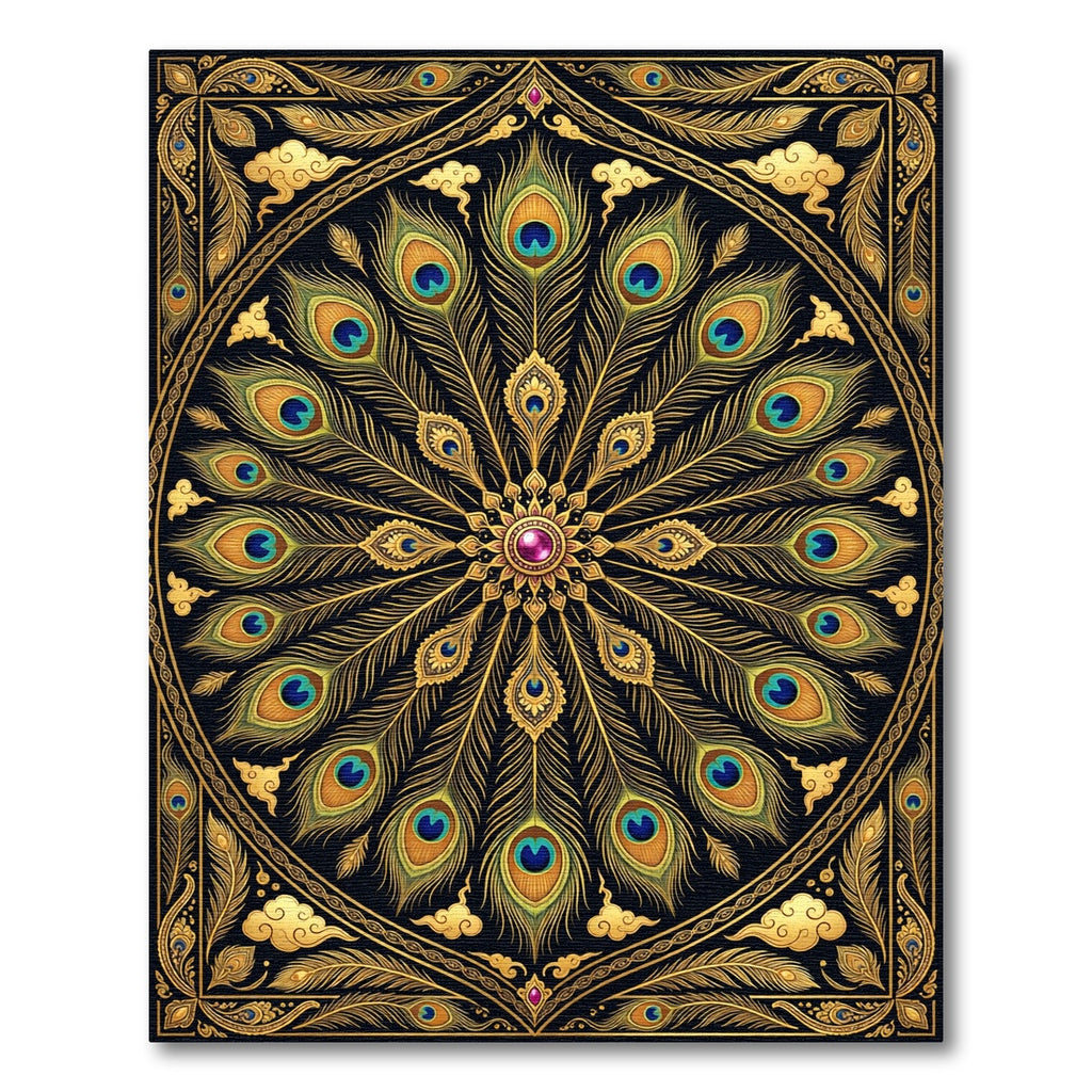 Golden Peacock Feather Mandala Medallion Rug