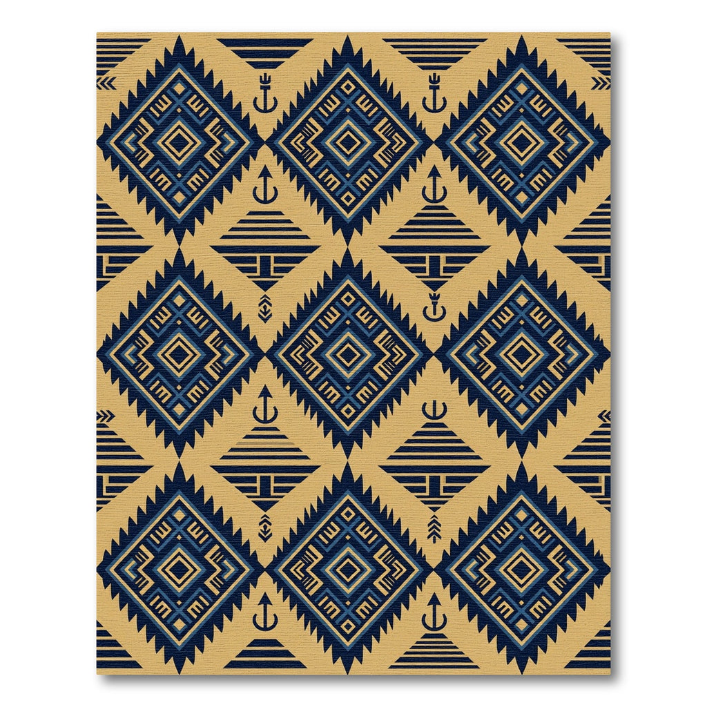 Navy Blue Gold Geometric Tribal Diamond Rug