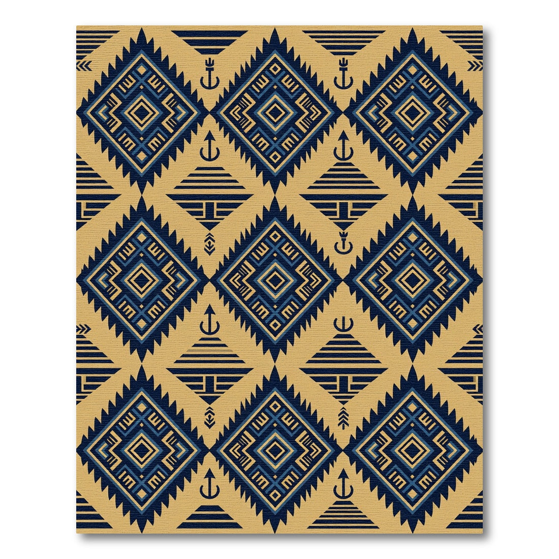 Navy Blue Gold Geometric Tribal Diamond Rug