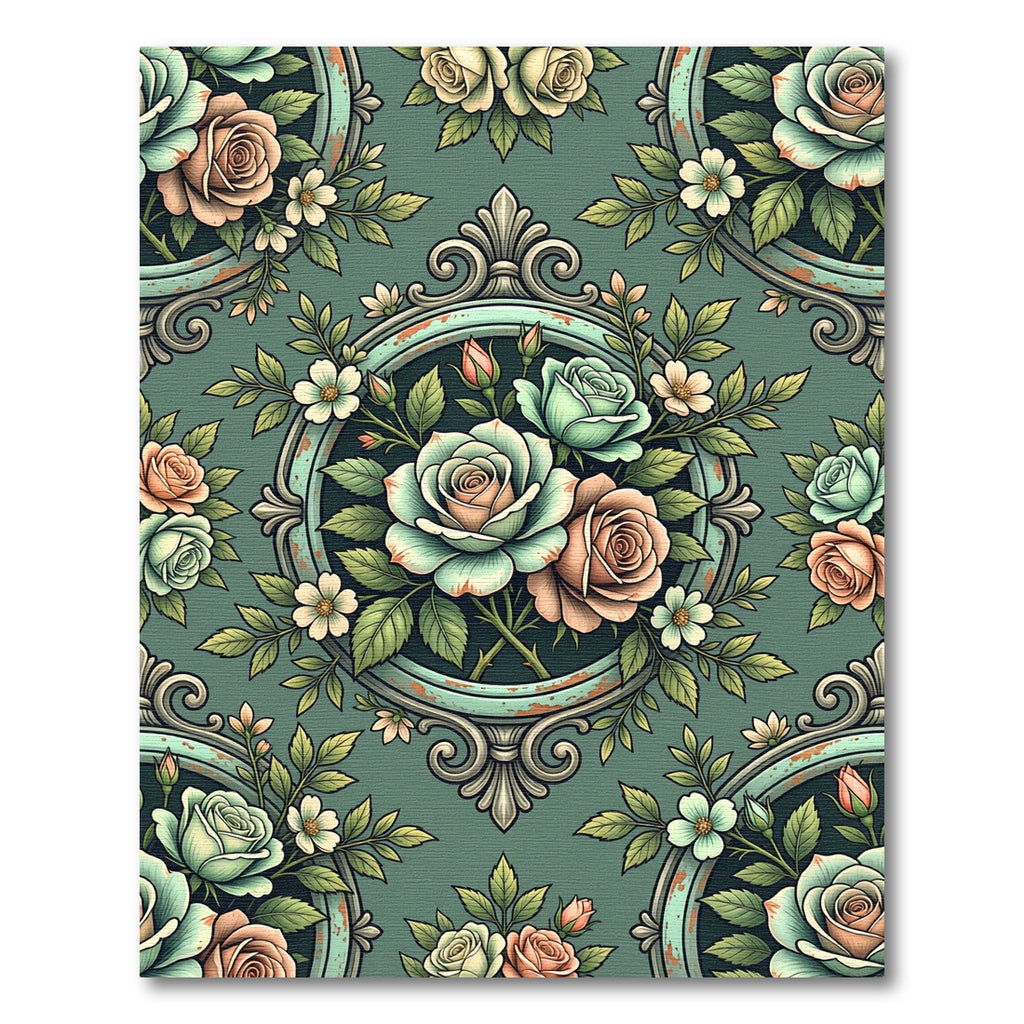 Vintage Sage Floral Framed Rose Damask Rug