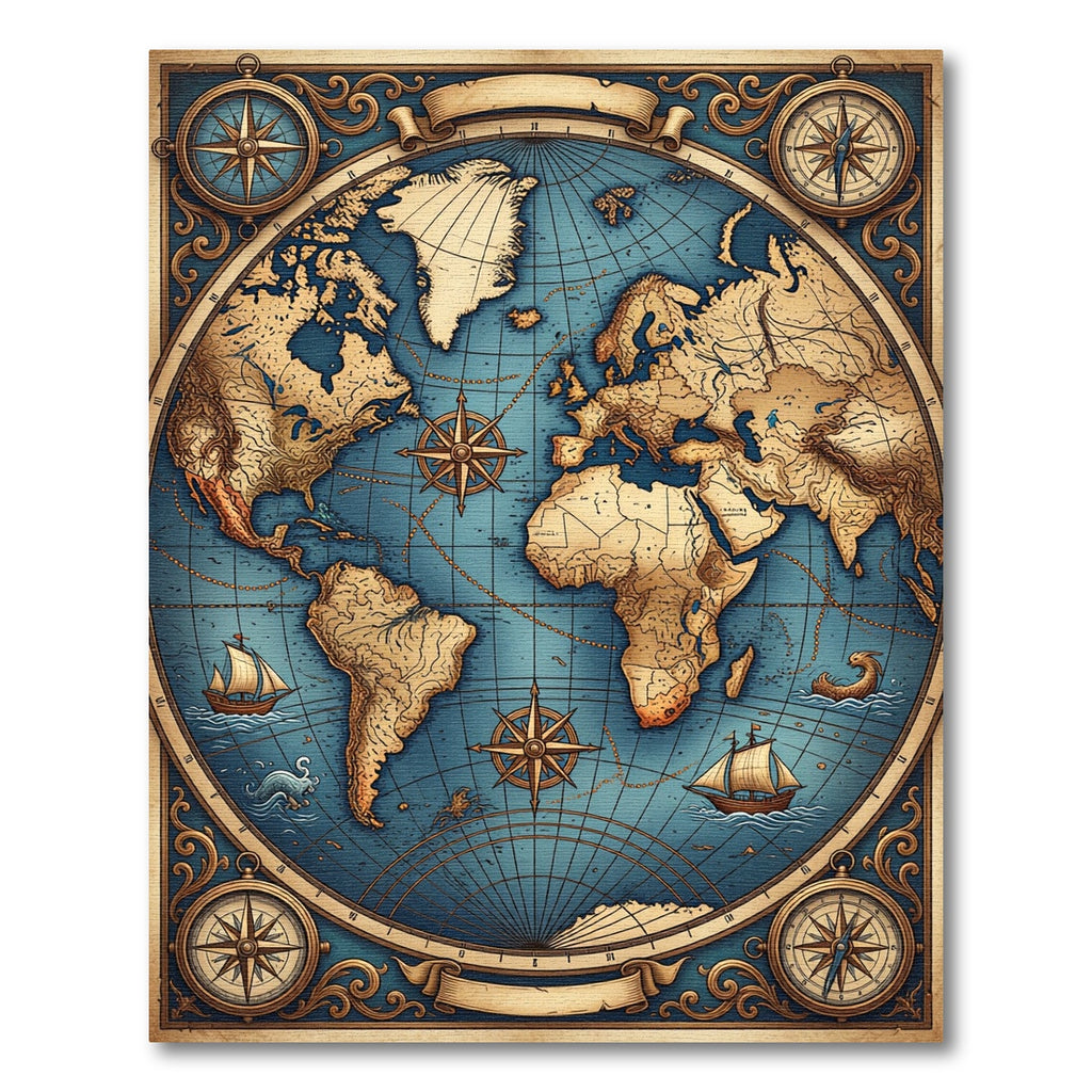 Vintage Nautical World Map Illustration Rug