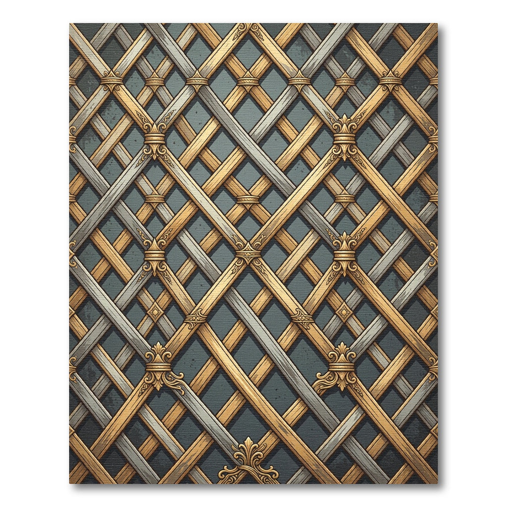 Ornate Golden Lattice Silver Plaid Rug
