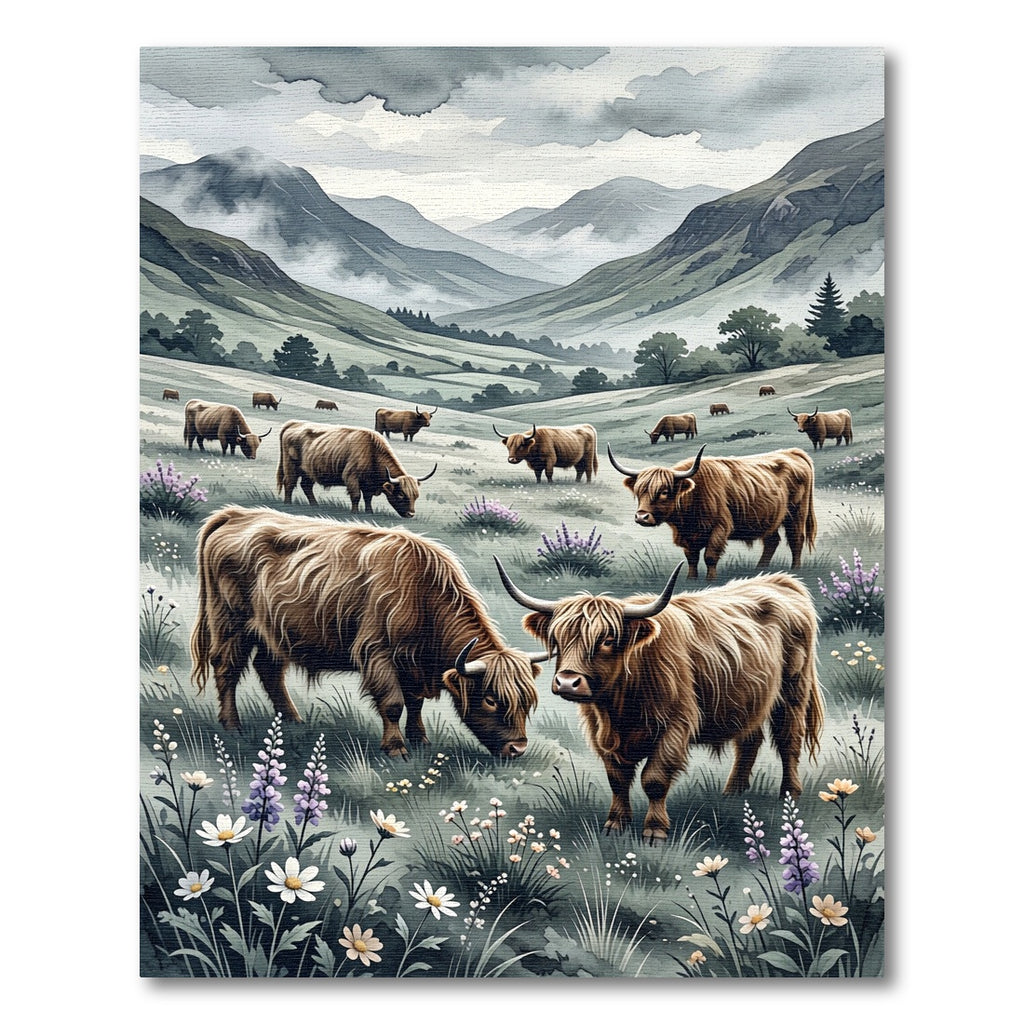 Highland Cattle Meadow Watercolor Landscape Rug