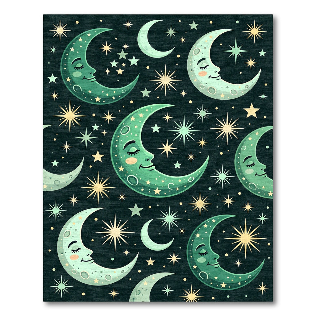 Whimsical Green Crescent Moon Stars Rug