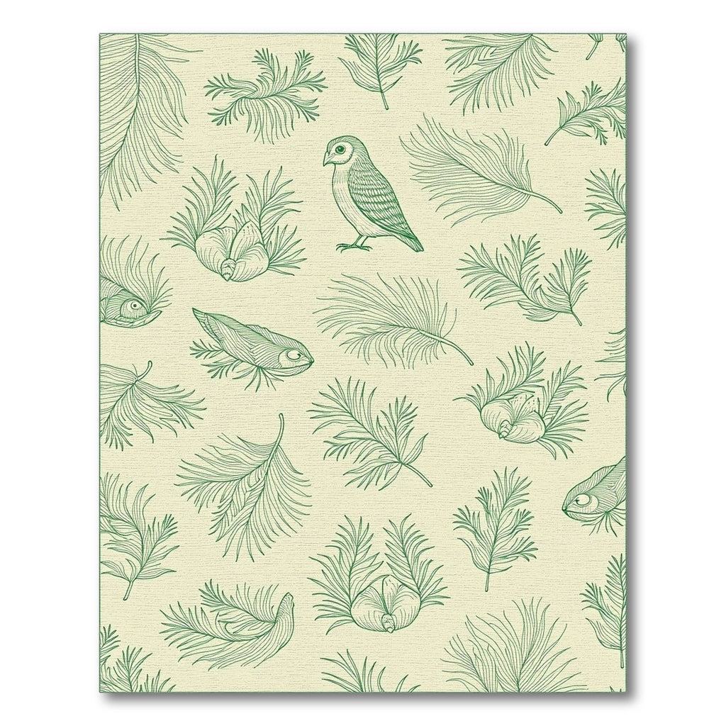 Green Bird and Feather Line Art Rug