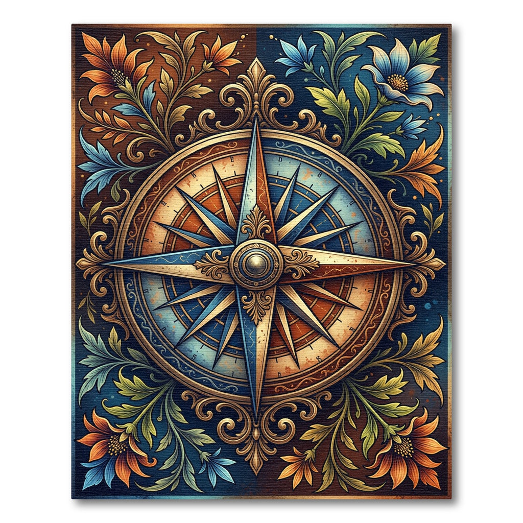 Ornate Blue Compass Floral Border Rug