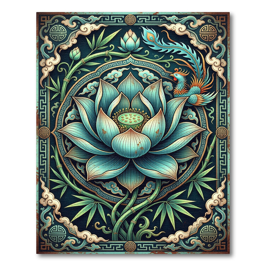 Teal Lotus Phoenix Bamboo Oriental Art Rug