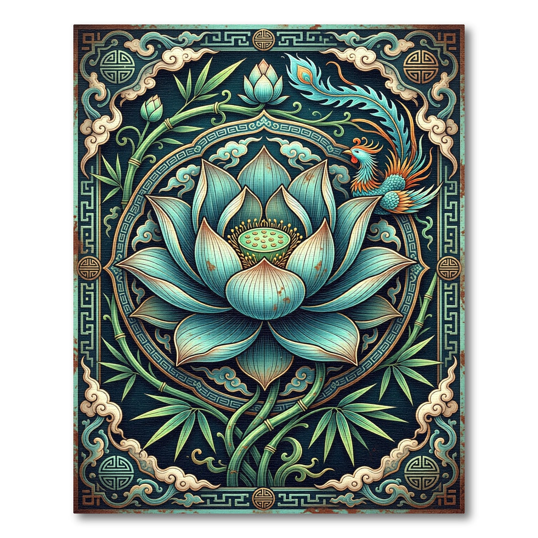 Teal Lotus Phoenix Bamboo Oriental Art Rug