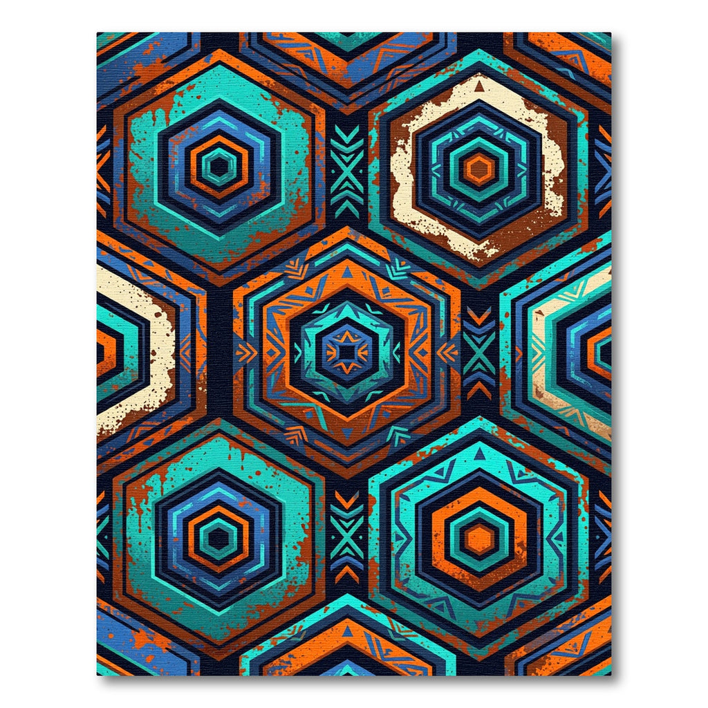 Vibrant Teal Orange Hexagon Tribal Rug
