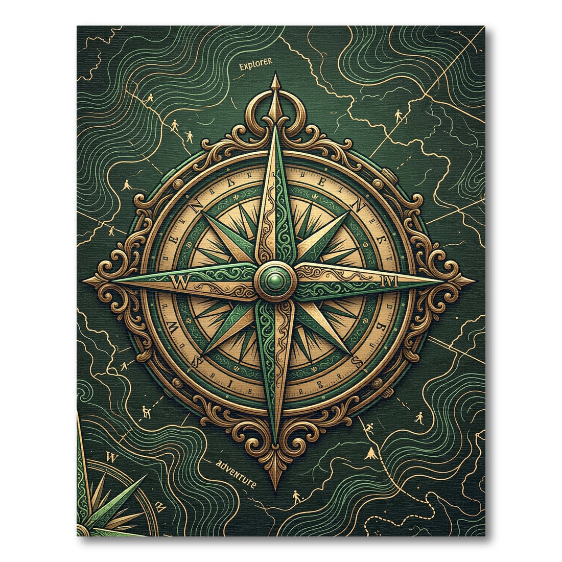 Ornate Compass Gold Forest Green Art Rug