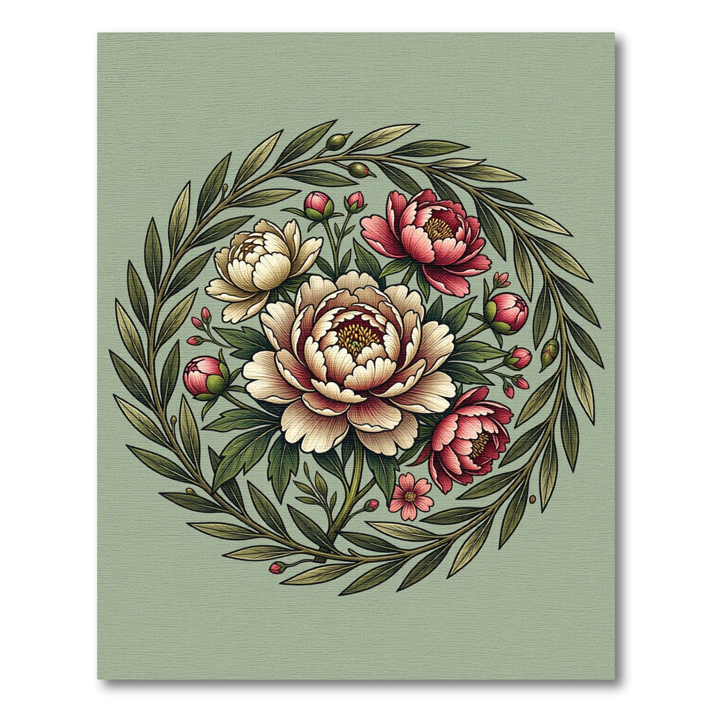 Elegant Sage Peony Floral Wreath Rug