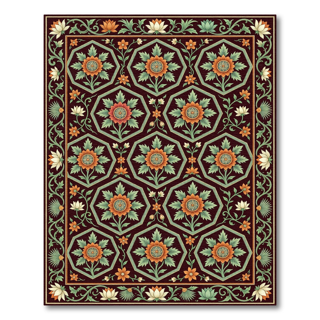 Elegant Crimson Hexagonal Floral Garden Rug