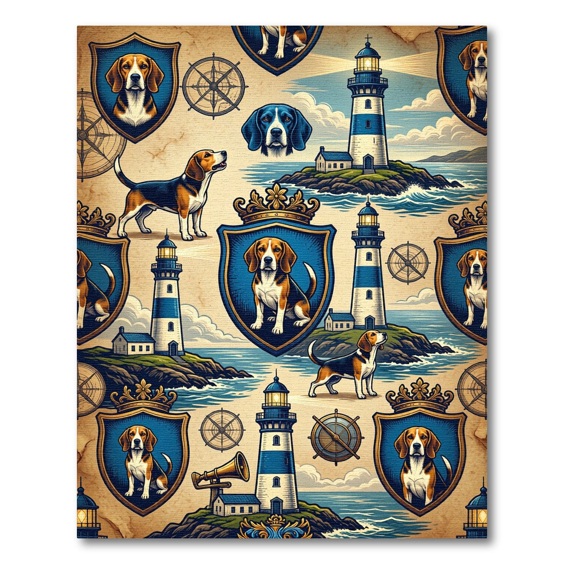 Nautical Beagle Lighthouse Navy Crest Rug