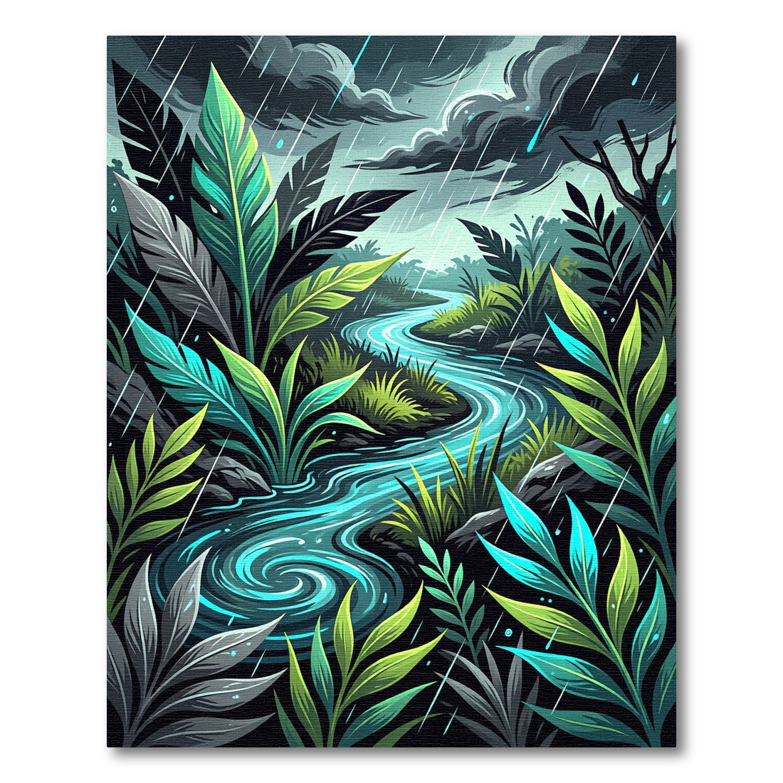 Rainy Tropical Jungle Foliage Stream Rug